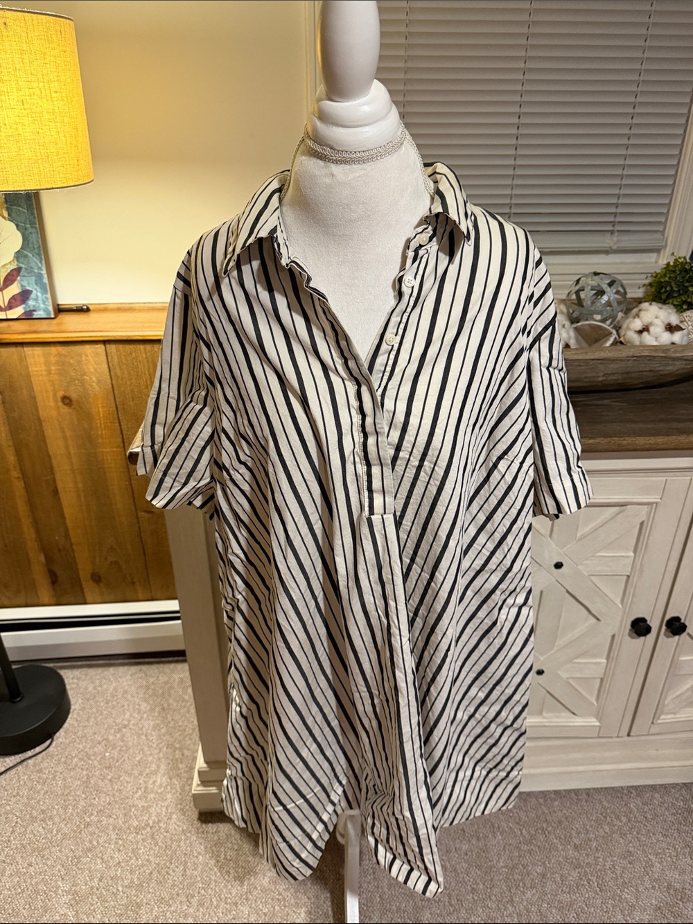 Woman’s  Black and White Vertical Stripe Casual Button-Down Dress